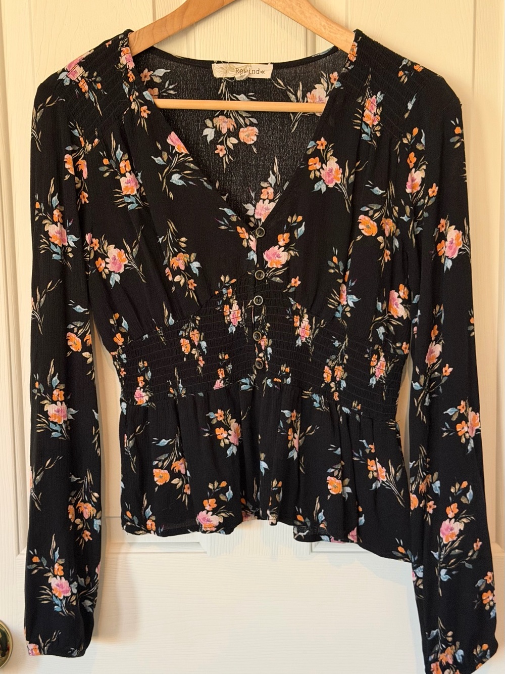 Rewind Black Floral Smocked V-Neck Blouse with Pink & Orange Blooms
